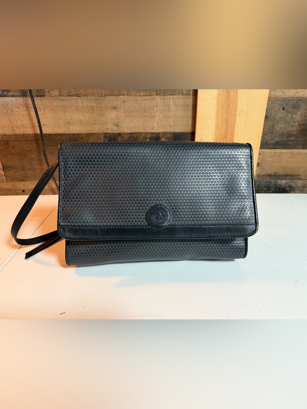 Vintage 1983 Liz Claiborne Black Shoulder Bag Genuine Leather Trim Geometric